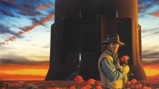 Roland Deschain holding a rose in front of the Dark Tower